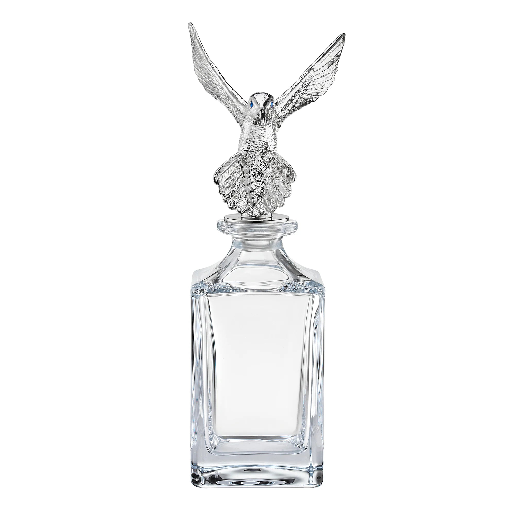 Deakin & Francis crystal glass decanter with metal-plated hummingbird stopper and hand-enamelled eyes, Dartington glass with Birmingham-made stopper, available at EB London