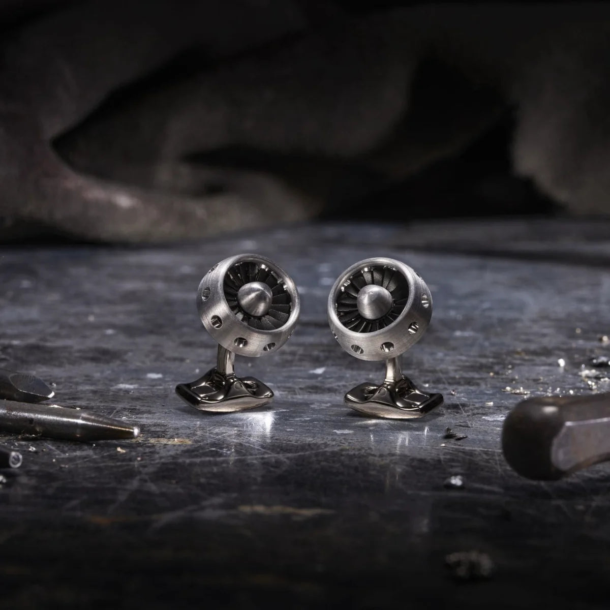aluminium jet turbine engine cufflinks with nose cone and spinning blades by Deakin & Francis at EB London