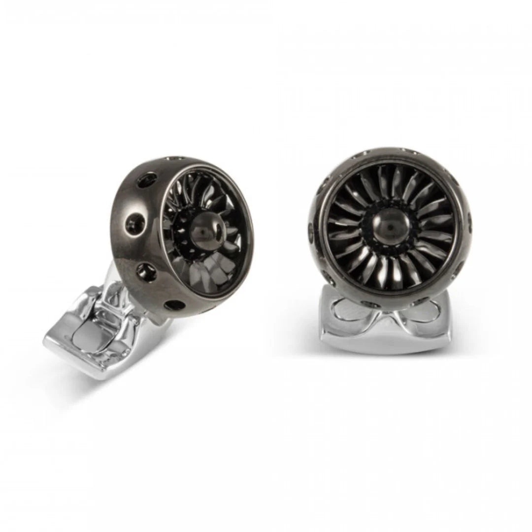 Polished black rhodium jet turbine engine cufflinks with nose cone and spinning blades by Deakin & Francis at EB London