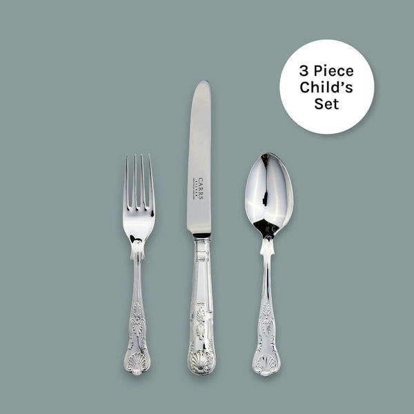 Carrs Silver Kings Collection child’s cutlery set in sterling silver, knife, fork and spoon, hallmarked, 188mm x 136mm x 140mm