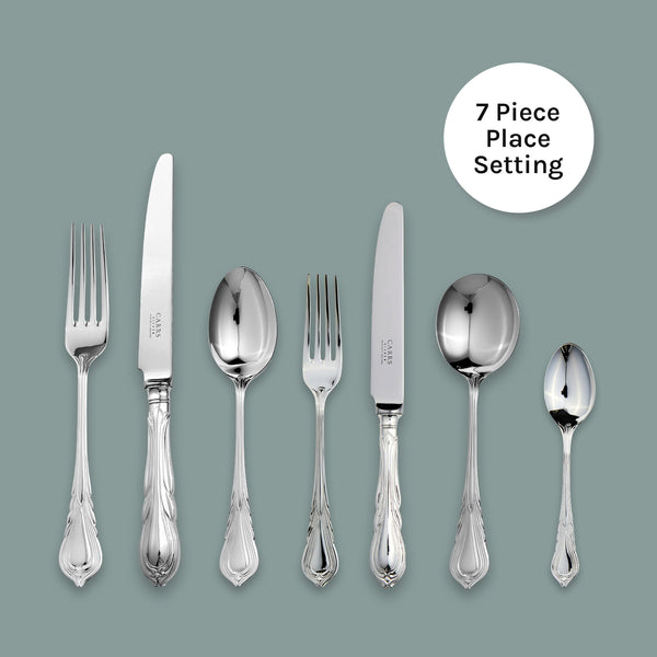 EB London Lily 7-piece cutlery set in sterling silver, hallmarked, polished finish, with lily-inspired handles