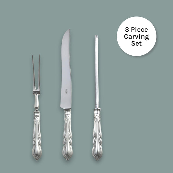 EB London by Carrs Silver Lily carving set in sterling silver, hallmarked, includes knife, fork and carving steel, polished, 353mm / 285mm / 338mm