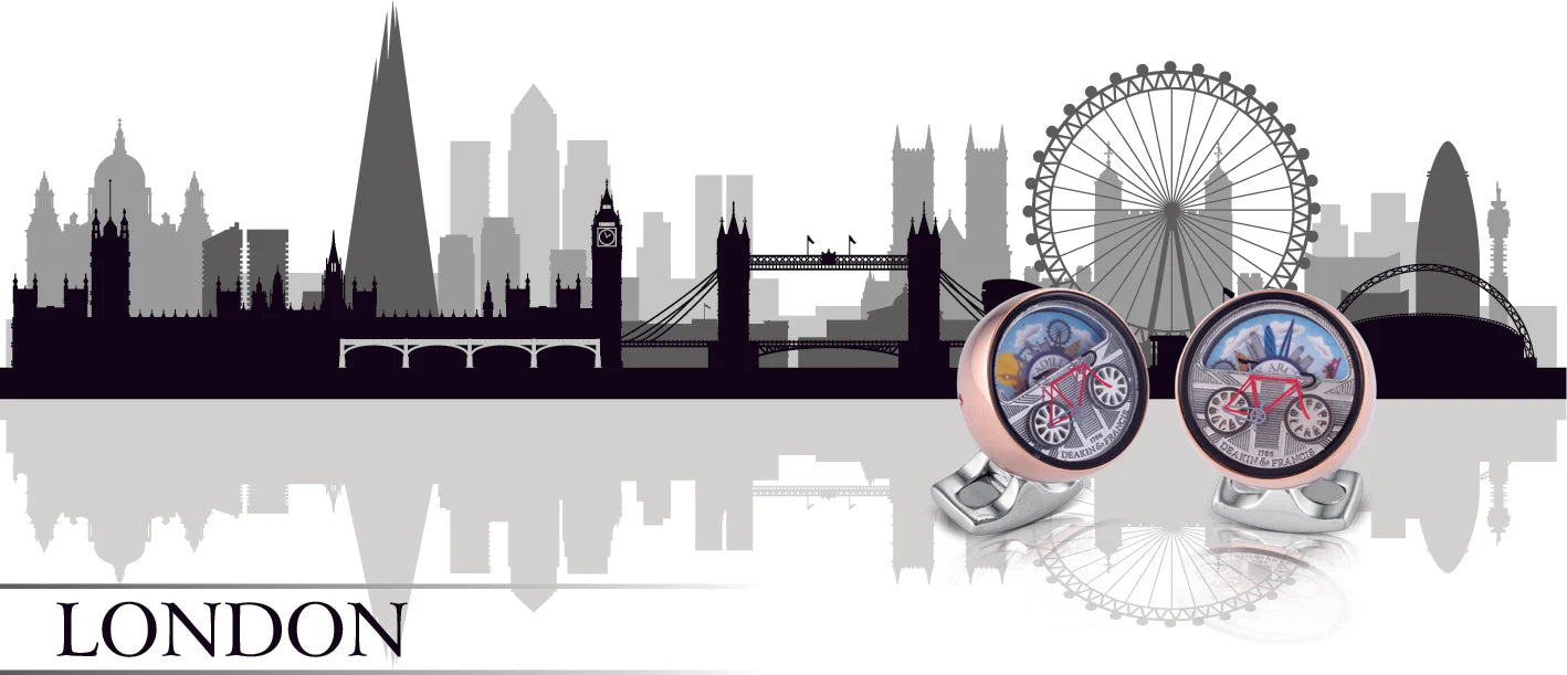 London scene cufflinks with spinning bicycle wheels and city backdrop by Deakin & Francis at EB London