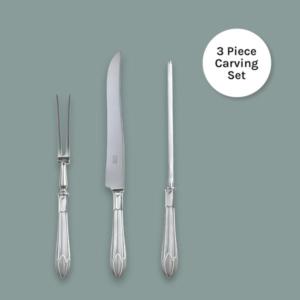 EB London by Carrs Silver Lotus carving set in sterling silver, hallmarked, includes knife, fork and carving steel, polished, 353mm/285mm/338mm