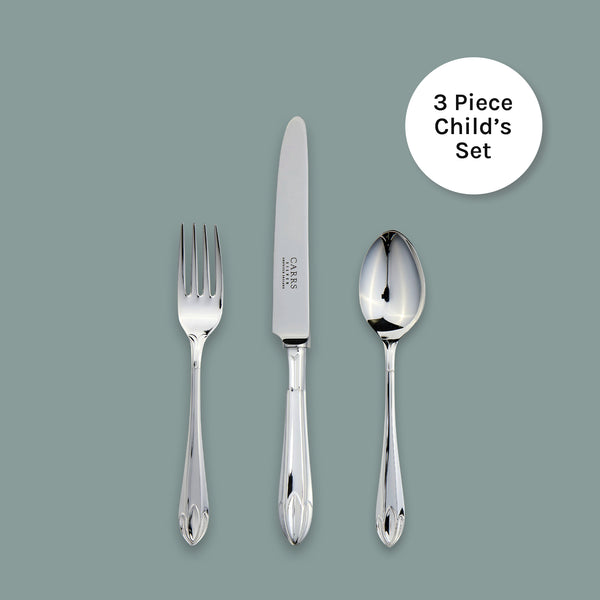 Carrs Silver Lotus collection child’s cutlery set in sterling silver, hallmarked, knife 188mm, fork 136mm, spoon 140mm