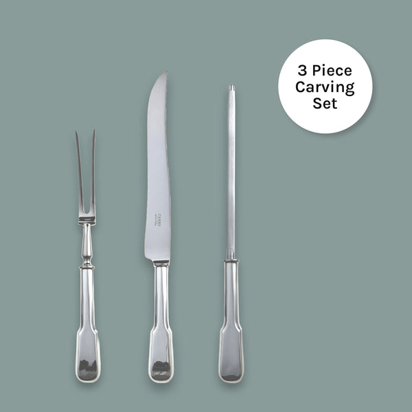 Carrs Silver Plain Fiddle carving set in sterling silver, hallmarked, carving knife, fork and steel