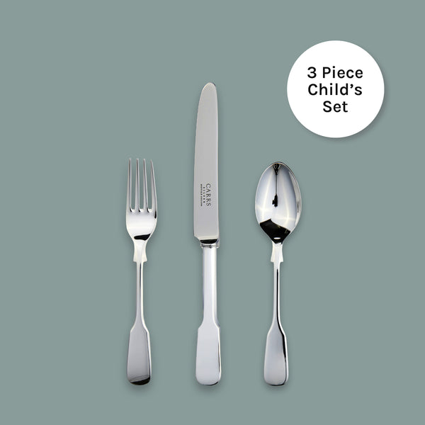 EB London by Carrs Silver sterling silver Plain Fiddle child cutlery set, hallmarked, includes knife, fork and spoon, 188mm x 136mm x 140mm