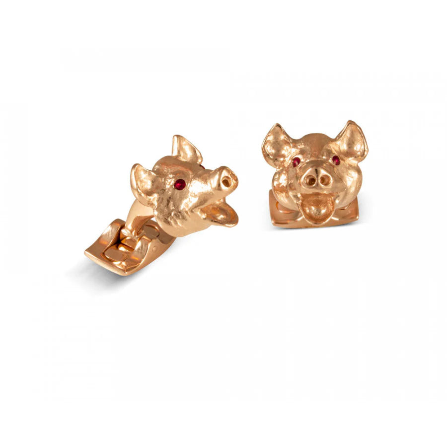 Deakin & Francis pig head cufflinks in rose gold rhodium with satin finish and hand-enamelled red eyes, handcrafted in Birmingham, available at EB London