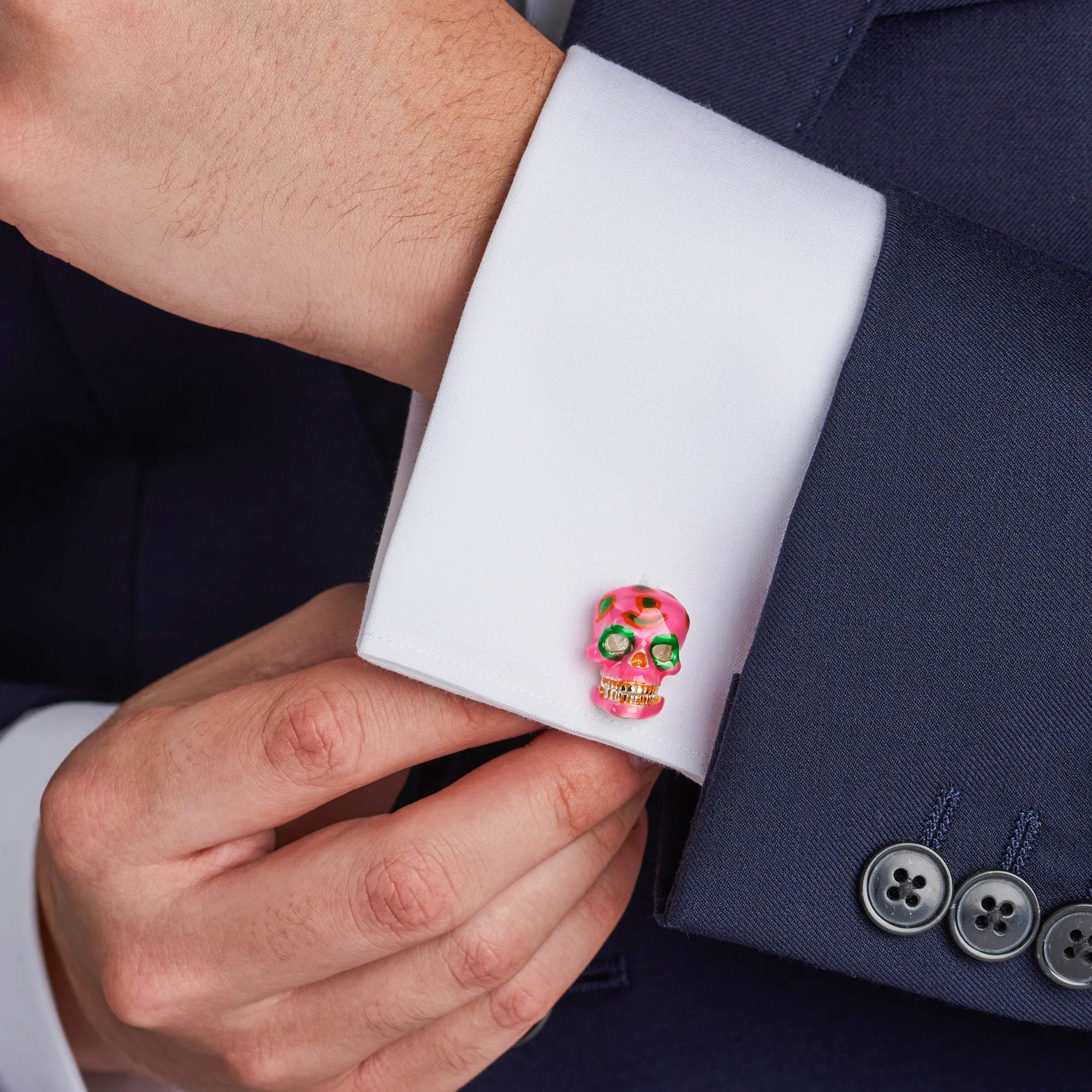 Pink and Green Day of the Dead Sterling Silver Skull Cufflinks – Deakin & Francis - EB London