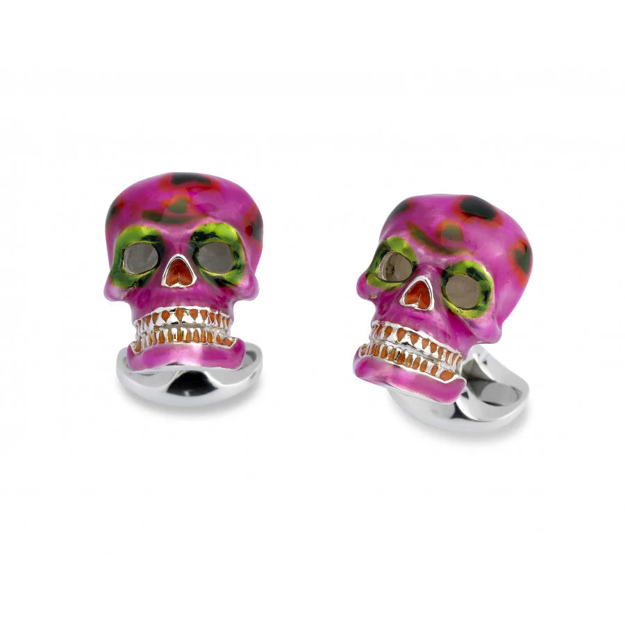 Silver Pink and Green Day of the Dead Skull Cufflinks - Deakin & Francis | EB London