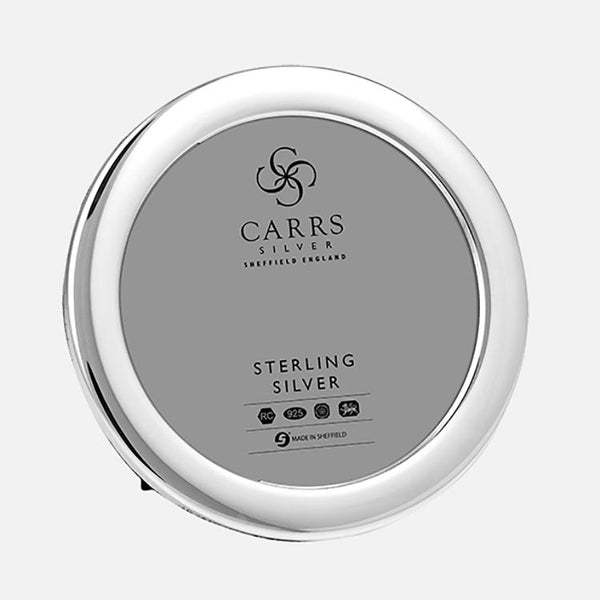 Carrs Silver sterling silver plain circle photo frame with grey velvet back, hallmarked, 13cm diameter