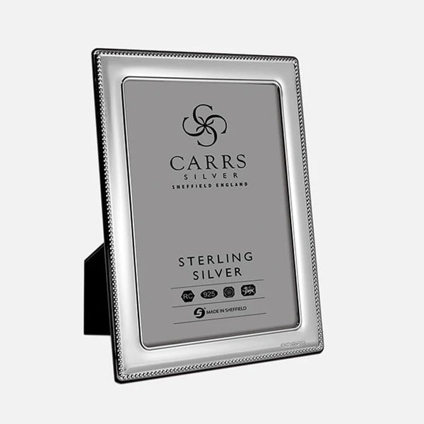 Carrs Silver Portland Bead sterling silver photo frame with fine beaded border and mahogany finish back, British hallmarked