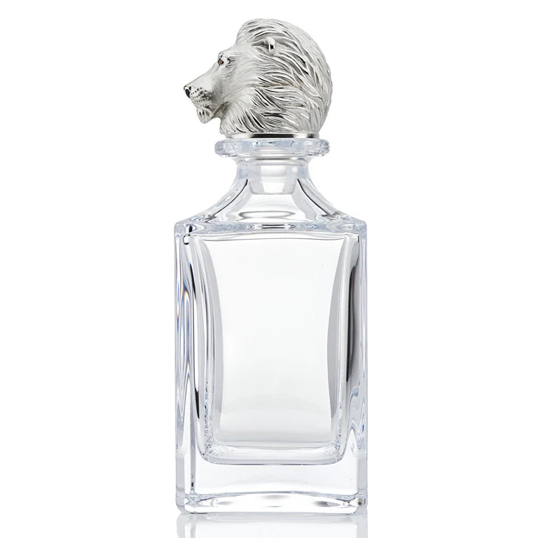 Deakin & Francis crystal glass decanter silver finish lion head stopper, Dartington glass with Birmingham-made stopper, available at EB London