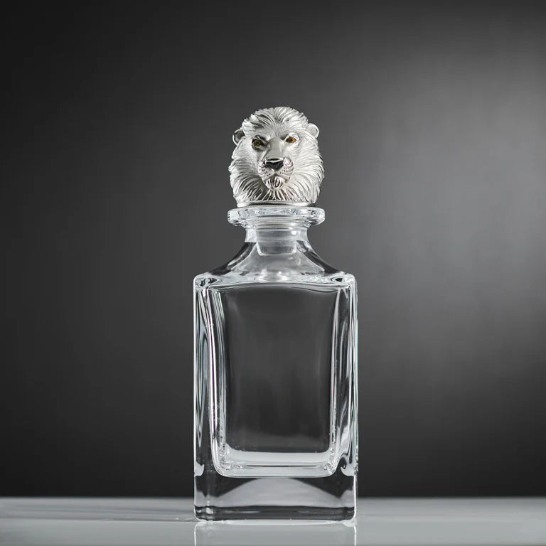 Deakin & Francis crystal glass decanter with silver finish lion head stopper, Dartington glass with Birmingham-made stopper, at EB London