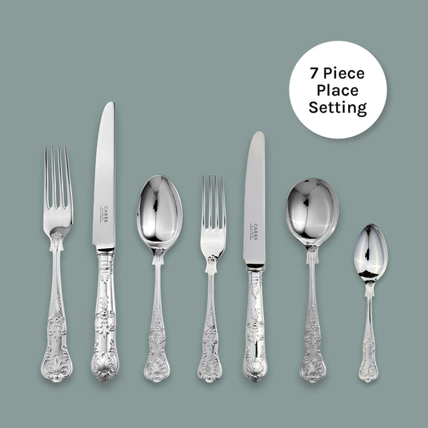 EB London sterling silver Queens Collection 7-piece cutlery set with ornate shell and scroll handles, hallmarked, various lengths