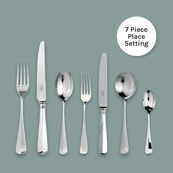 EB London Carrs Silver Rattail 7-piece cutlery set in hallmarked sterling silver, polished finish, classic rounded handles, complete set