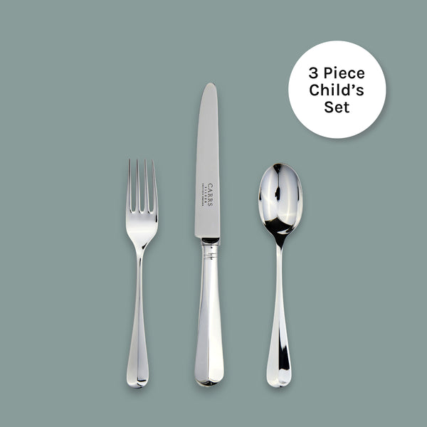 Carrs Silver Rattail child’s cutlery set in sterling silver, hallmarked, includes knife, fork and spoon, 188mm/136mm/140mm