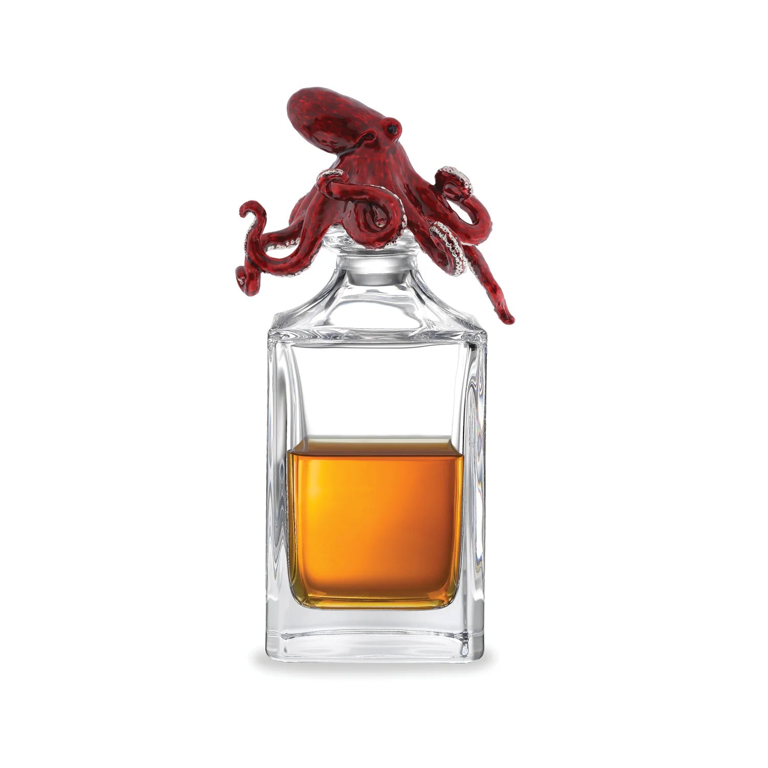 Deakin & Francis crystal glass decanter bright red enamel octopus stopper, Dartington glass with Birmingham-made stopper, available at EB London