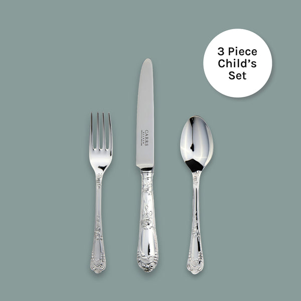 Carrs Silver La Regence child’s cutlery set in sterling silver, hallmarked, includes knife, fork and spoon, 188 mm x 136 mm x 140 mm