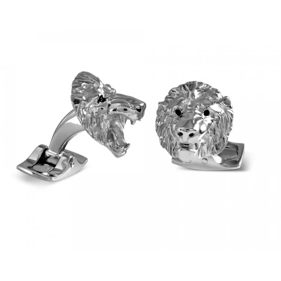 Rhodium lion head cufflinks with contrasting open and closed jaw expressions by Deakin & Francis at EB London