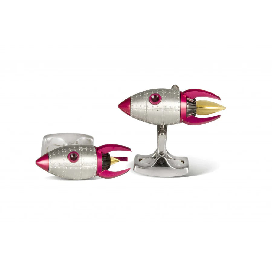 Rocket cufflinks with moving hand-enamelled yellow flame and red detailing by Deakin & Francis at EB London
