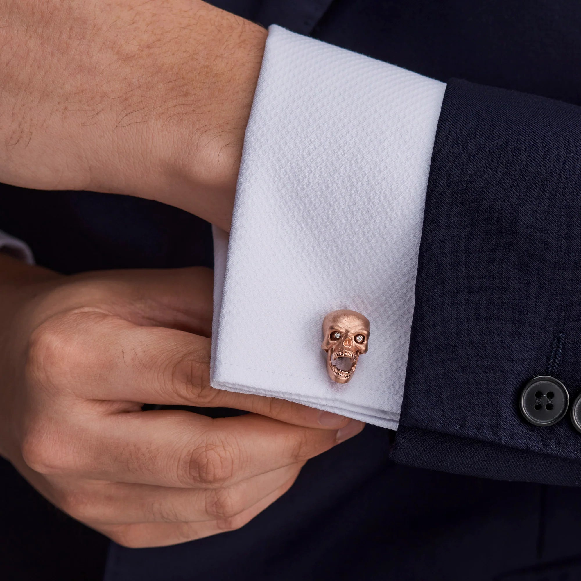Rose Gold Plated Sterling Silver Skull Cufflinks with Diamond Eyes - Deakin & Francis - EB London