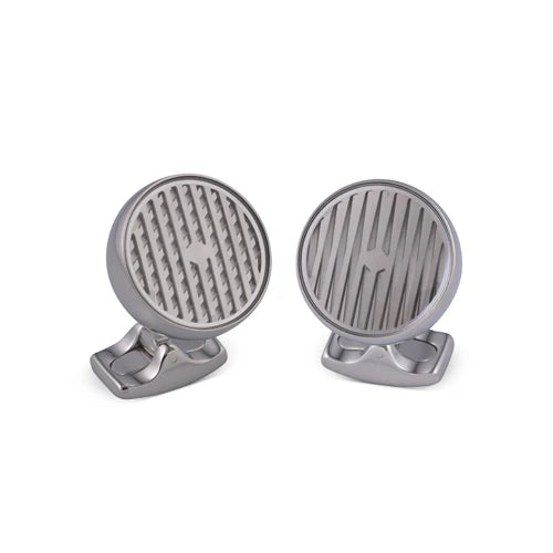 Silver kinetic cufflinks with round barrel shape and concealed rotating disc by Deakin & Francis at EB London