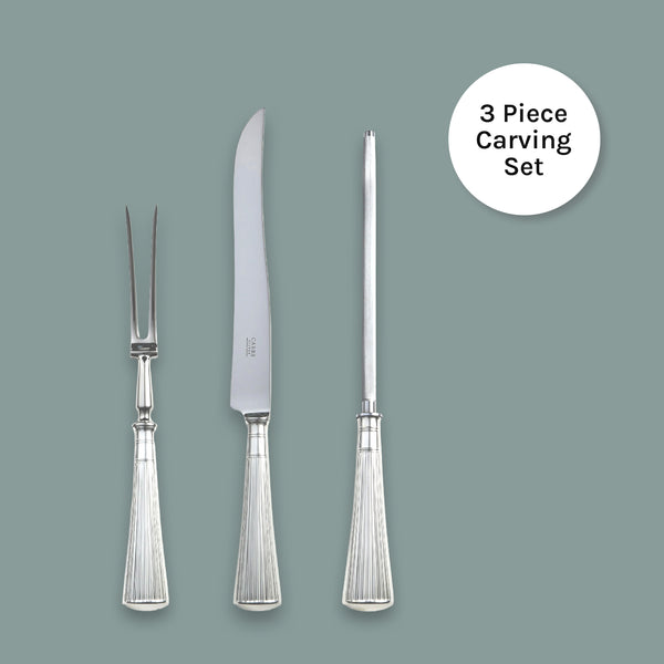 Eb London Sandalwood carving set with sterling silver handle and polished stainless steel blade, hallmarked, includes knife, fork and steel, 353mm / 285mm / 338mm