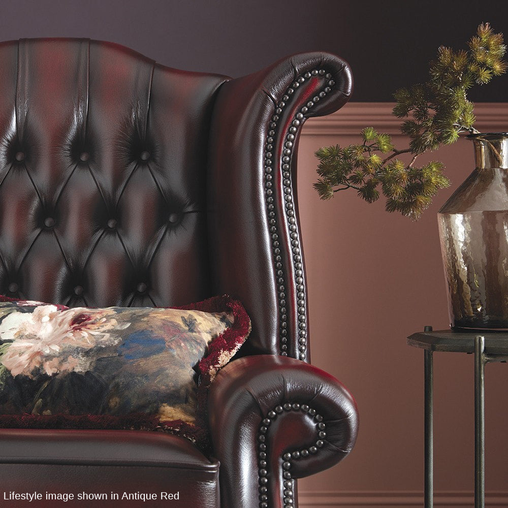 Sofas by Saxon – Heritage Scroll Chair – hand-burnished leather – antique red