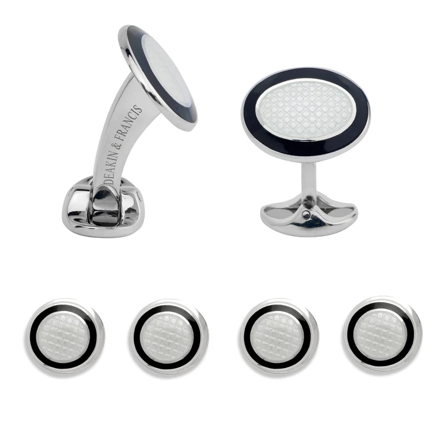 Sterling silver black and white enamel dress set by Deakin & Francis at EB London