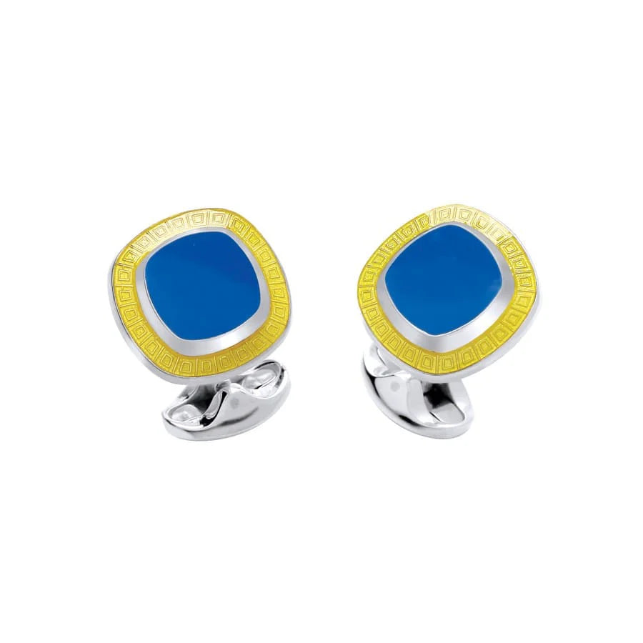 Silver Blue Enamel Cushion Cufflinks with Yellow Border - Deakin & Francis | EB London