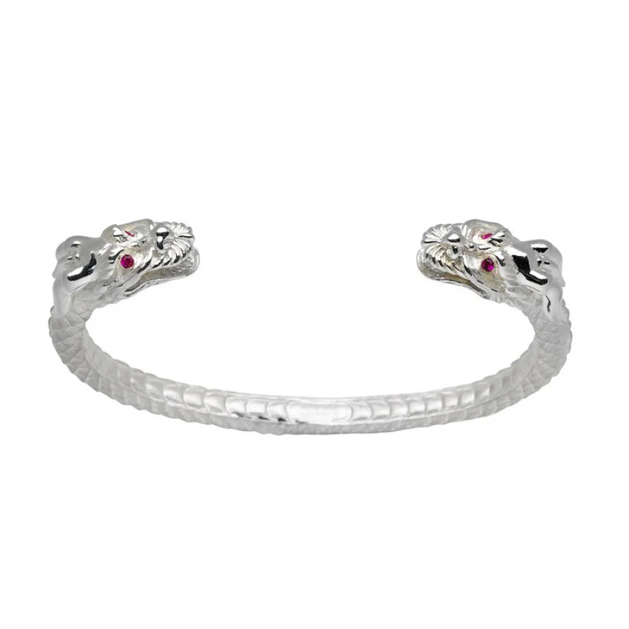 silver dragon bangle with red ruby eyes and textured detailing by Deakin & Francis at EB London