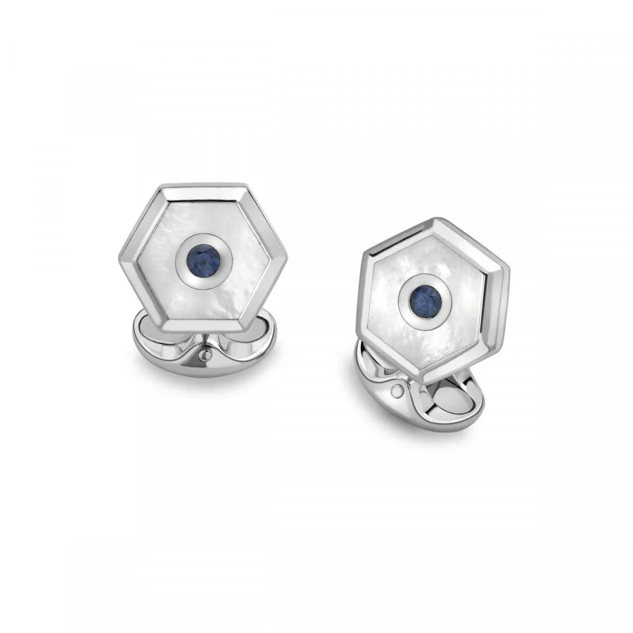 silver hexagonal dress set with hand-cut mother-of-pearl and sapphire by Deakin & Francis at EB London