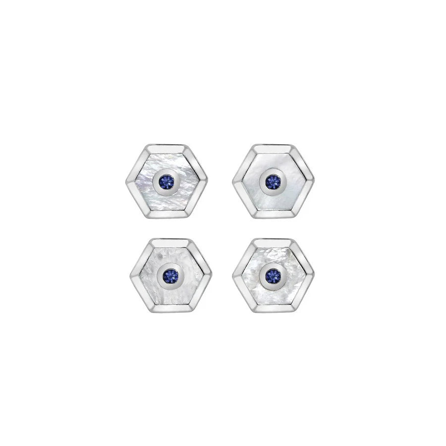 hexagonal dress set with hand-cut mother-of-pearl and sapphire by Deakin & Francis at EB London
