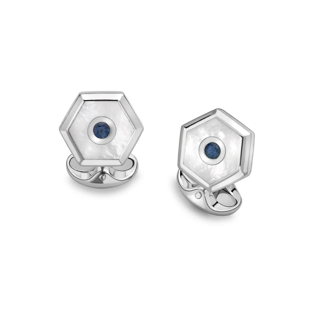Sterling Silver Hexagonal Cufflinks with Mother-of-Pearl and Sapphire - Deakin & Francis | EB London

