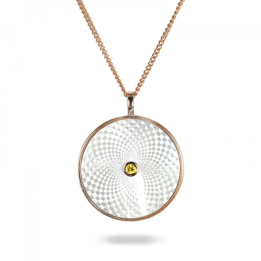 Sterling silver large pendant with white mother-of-pearl and yellow sapphire gemstone in rose gold plated setting from Dreamcatcher Collection by Deakin & Francis at EB London
