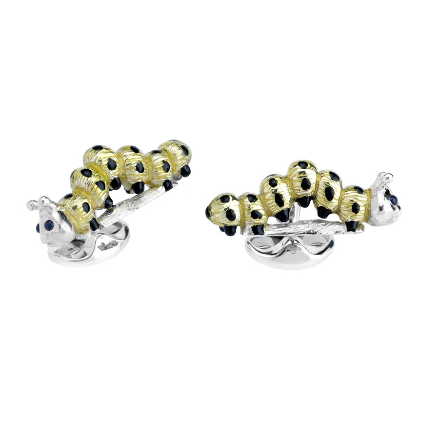 Luxury Sterling Silver Lemon Yellow and Black Caterpillar Cufflinks with Sapphire Eyes - Deakin & Francis | EB London

