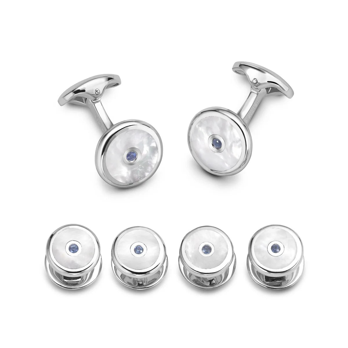 Sterling silver mother-of-pearl dress set with sapphire centre by Deakin & Francis at EB London