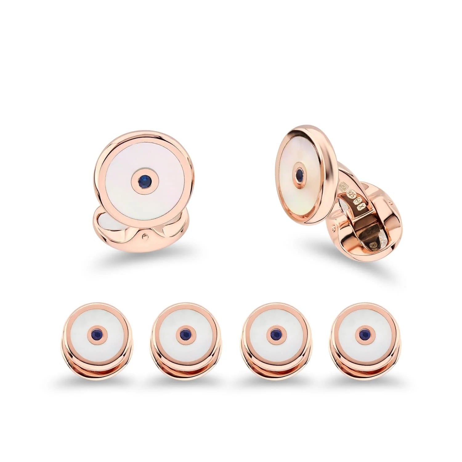 Sterling silver mother-of-pearl dress set with sapphire centre and rose gold finish by Deakin & Francis at EB London