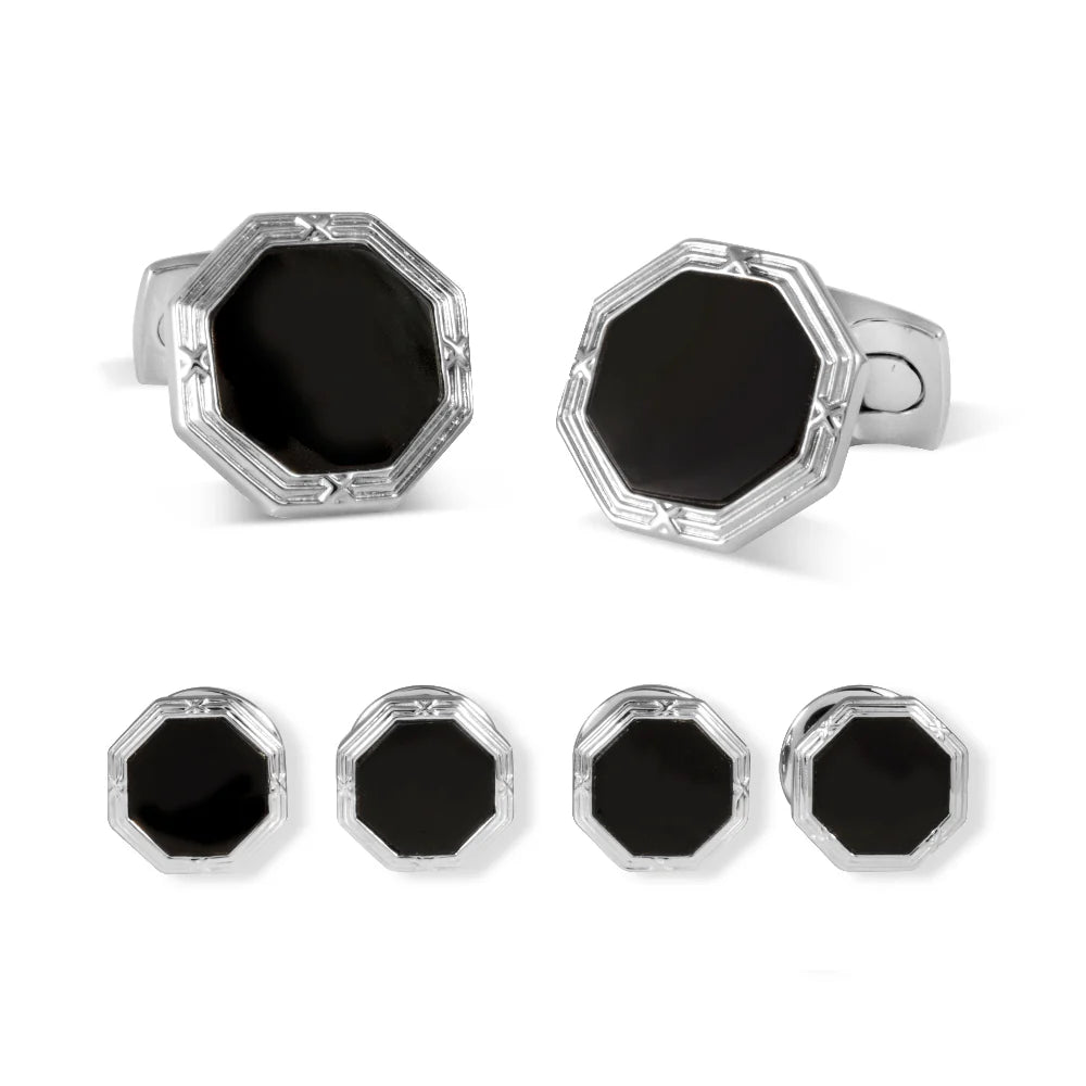 Sterling silver octagonal dress set with hand-cut onyx centre by Deakin & Francis at EB London