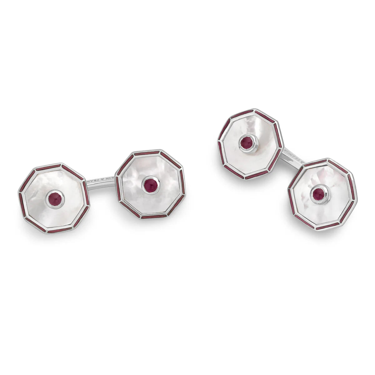 silver octagonal dress set with hand-cut mother-of-pearl and ruby centre by Deakin & Francis at EB London