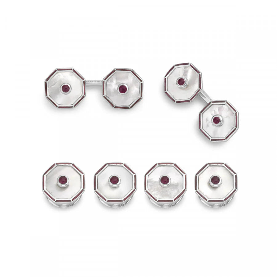 Sterling silver octagonal dress set with hand-cut mother-of-pearl and ruby centre by Deakin & Francis at EB London