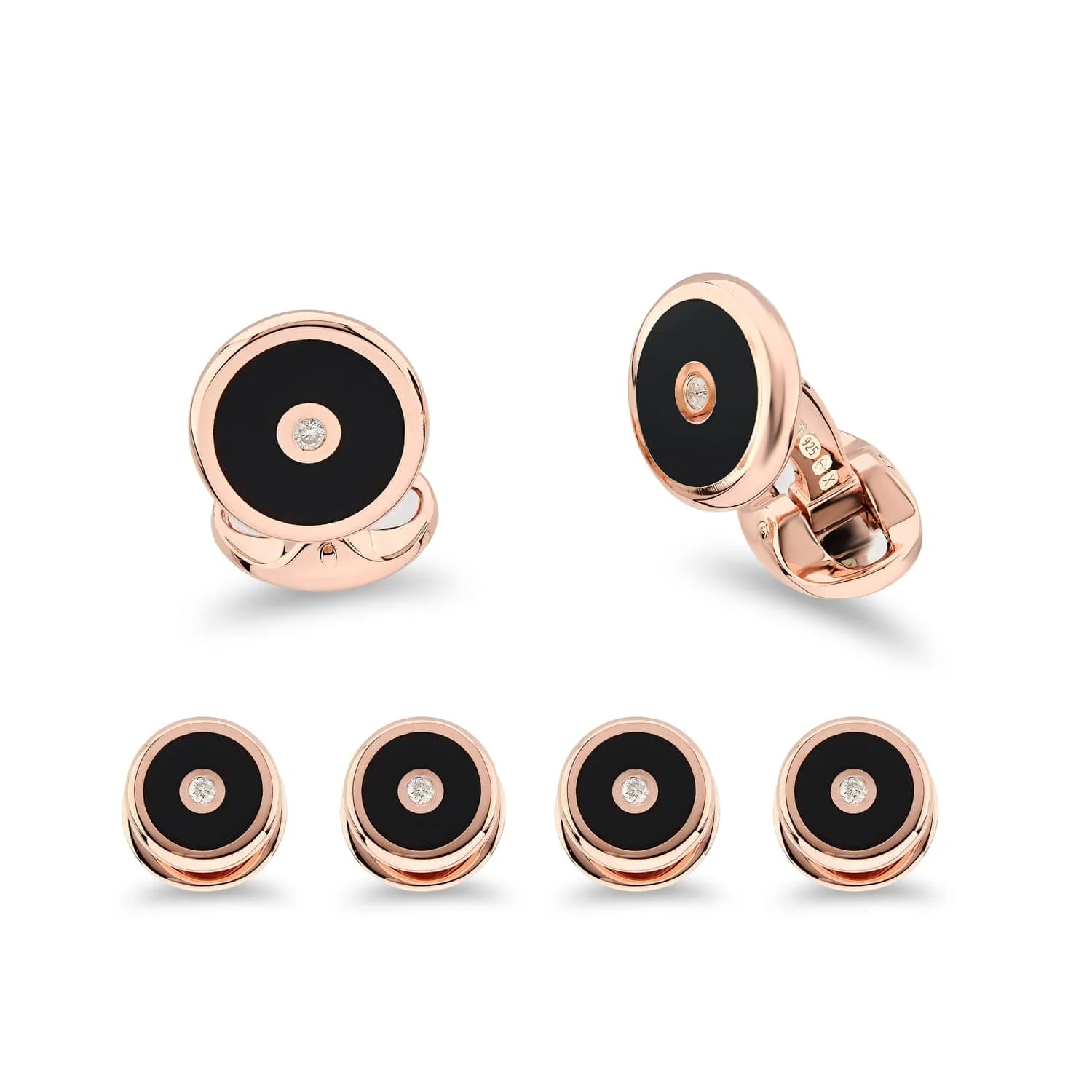 Sterling silver onyx inlay dress set with diamond centre and rose gold finish by Deakin & Francis at EB London