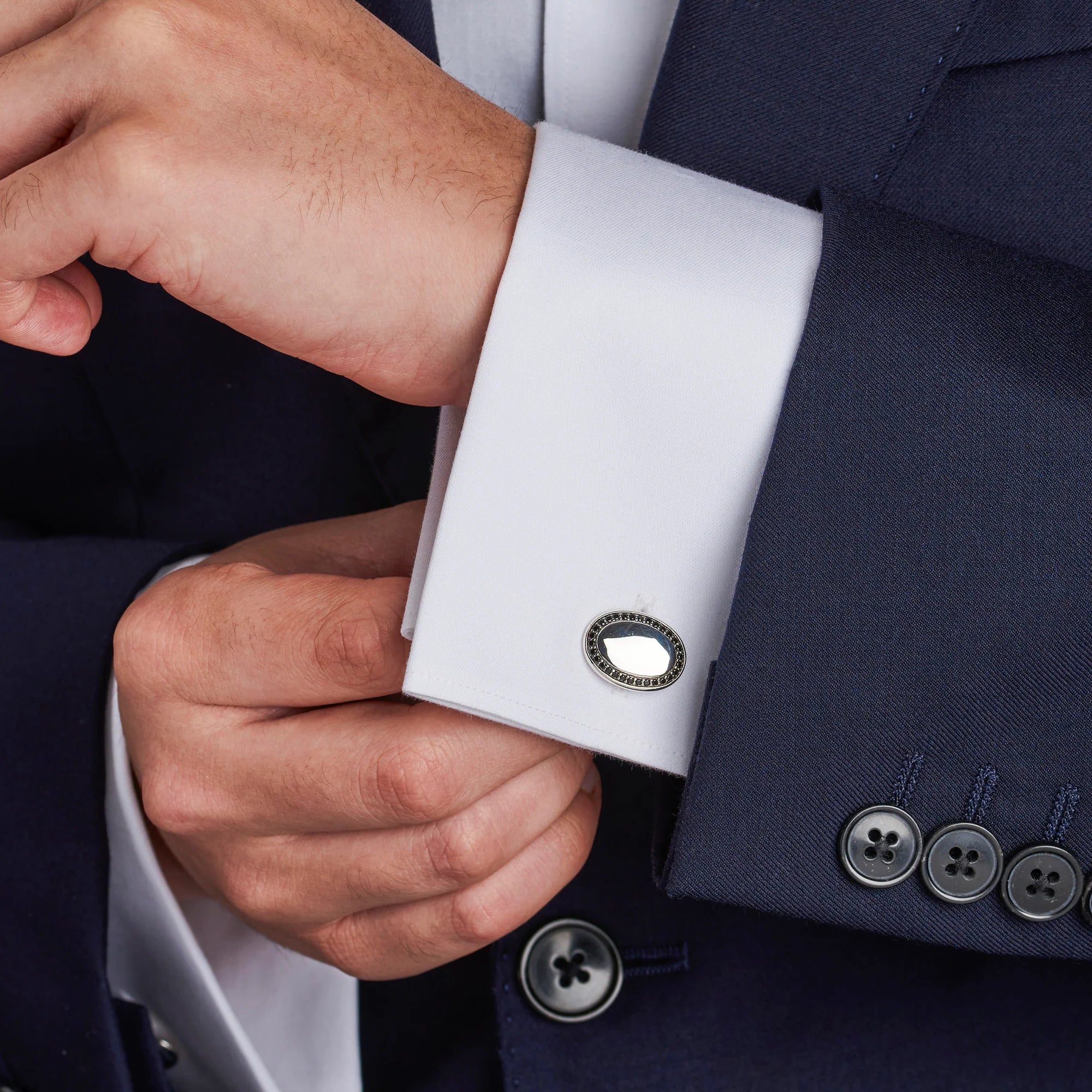 silver oval dress set with black spinel border by Deakin & Francis at EB London