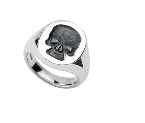 Deakin & Francis sterling silver oval signet ring with black oxidised skull seal engraving, 18.5x15mm, handcrafted in Birmingham, at EB London