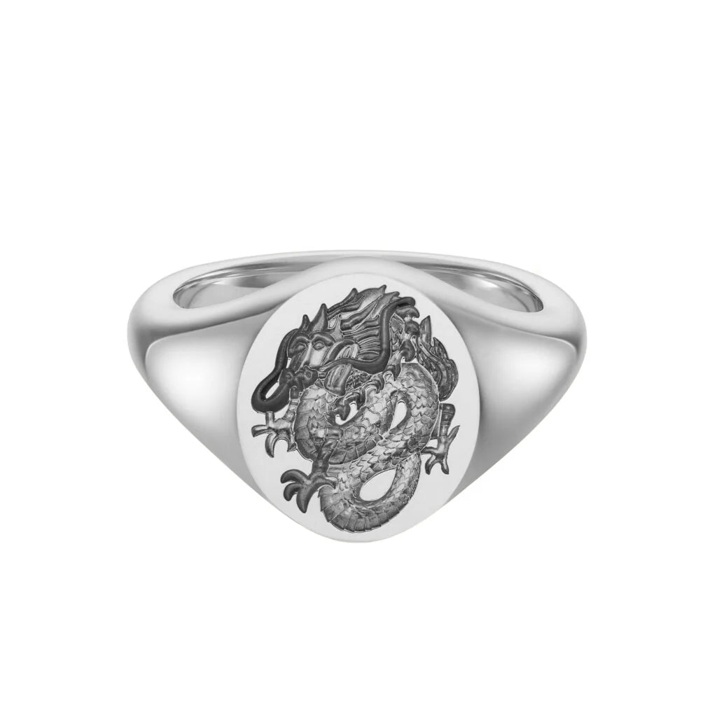 Deakin & Francis sterling silver oval zodiac signet ring with Dragon Chinese character engraving, 12x10mm, handcrafted in Birmingham, at EB London