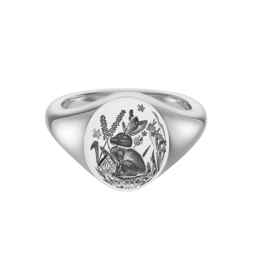 Deakin & Francis sterling silver oval zodiac signet ring with Rabbit engraving, 12x10mm, handcrafted in Birmingham, at EB London