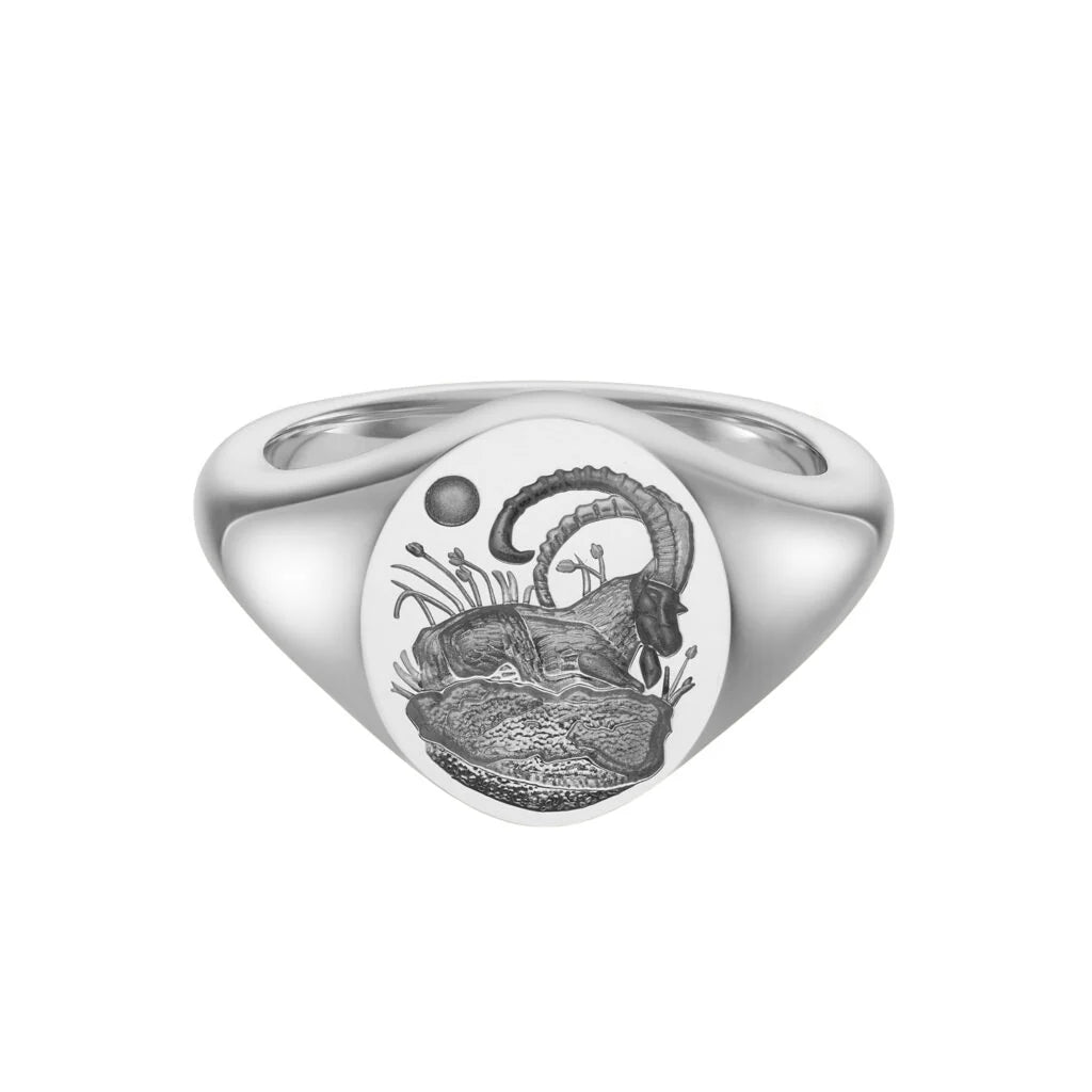 Deakin & Francis sterling silver oval zodiac signet ring with Goat engraving, 12x10mm, handcrafted in Birmingham, at EB London