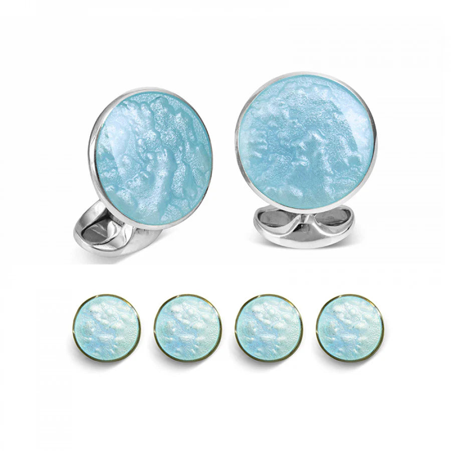 Sterling silver pale blue haze enamel dress set with swirling pattern by Deakin & Francis at EB London