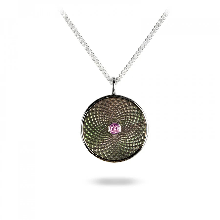 Sterling silver small pendant with grey mother-of-pearl and pink sapphire gemstone from Dreamcatcher Collection by Deakin & Francis at EB London